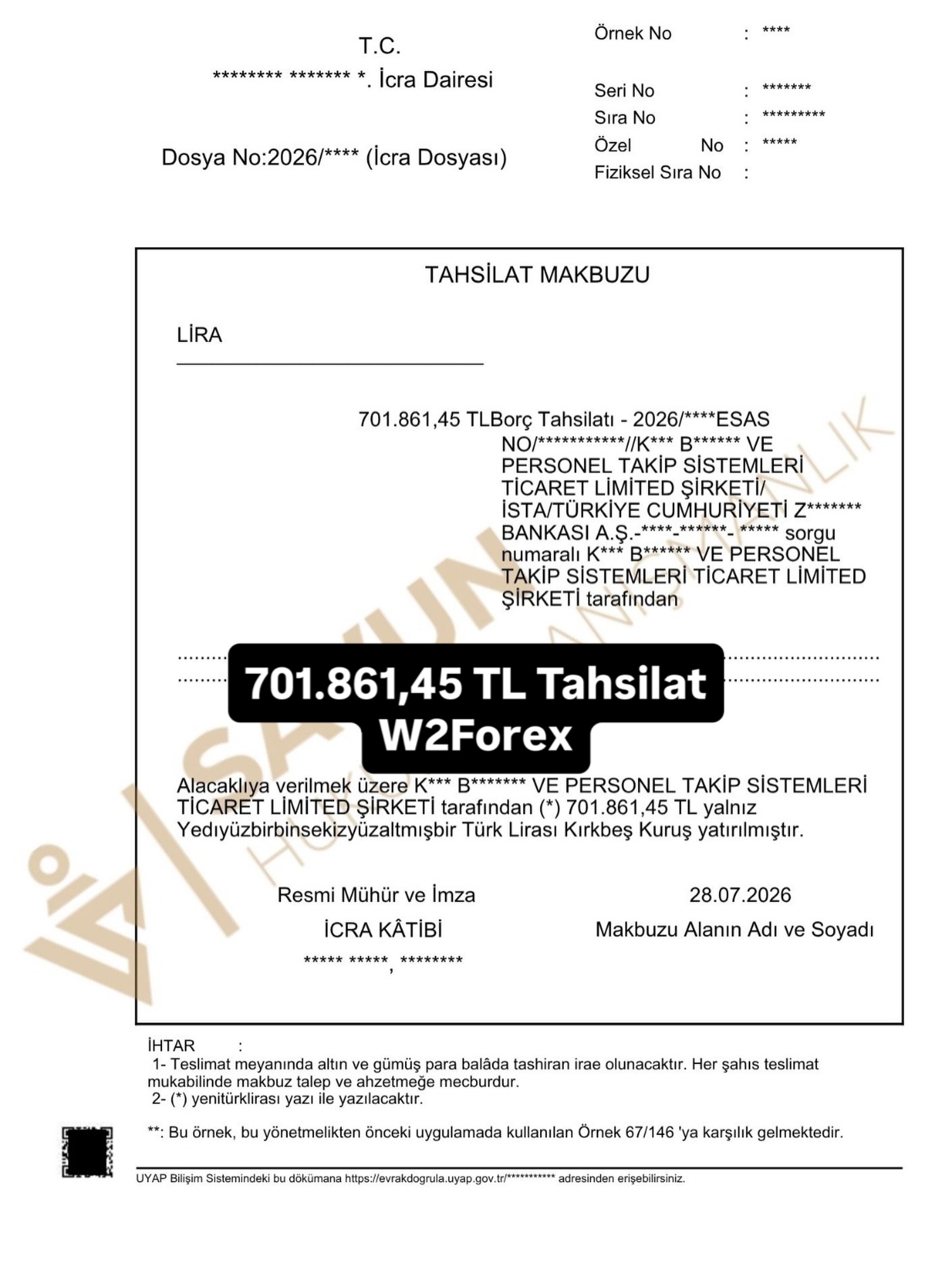 Forex Avukatı Veli Savun | Forex Dava Uzmanı Savun Hukuk 11 W2Forex Adlı Yasadışı FX Firmasına ait paravan şirkette tespit edilen tutar, müvekkilimiz lehine tahsil edilmiştir. İlgili tutarla birlikte, 1 Milyon TL üzerinde bir müvekkil kaybı, telafi edilmiş ve hukuki yöntemlerle geri alınmıştır. Toplam kayıp 2.4 Milyon TL’dir, işlemler devam etmektedir